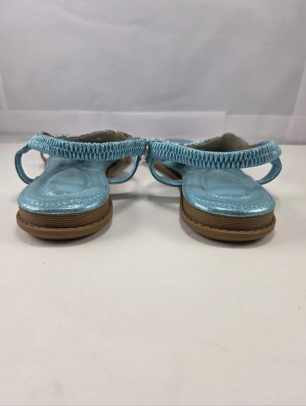 Metallic Turquoise Rhinestone T-Strap Flat Sandals - Size 41